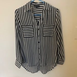 Black-and-white stripe button up blouse